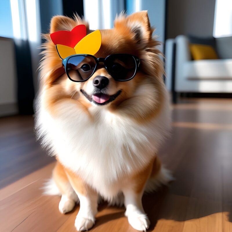Alegre pomerania con gafas de colores mostrando la visión dichromática de los perros