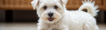 Cachorro de bichón maltés recostado en el suelo con una mirada dulce y curiosa; ideal para descubrir su carácter afectuoso.