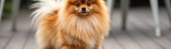 Lulú de Pomerania naranja con un pelaje largo y esponjoso, posando sobre una plataforma de madera. Su expresión atenta y su porte elegante reflejan el carácter vivaz y encantador de esta raza toy.