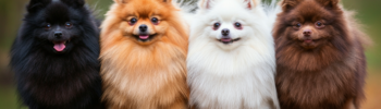 Cuatro Pomeranias adultos de Paradispets mostrando distintos colores del pomerania: negro, naranja, blanco y chocolate.